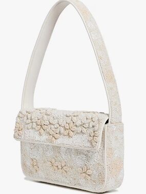 STAUD Beaded Floral Shoulder Tommy Bag in Ivory and Beige